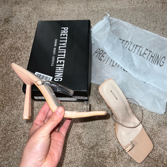 PrettyLittleThing Nude Square Toe Clear Strap Heels Mules Slip On Size 6 - Picture 7 of 13